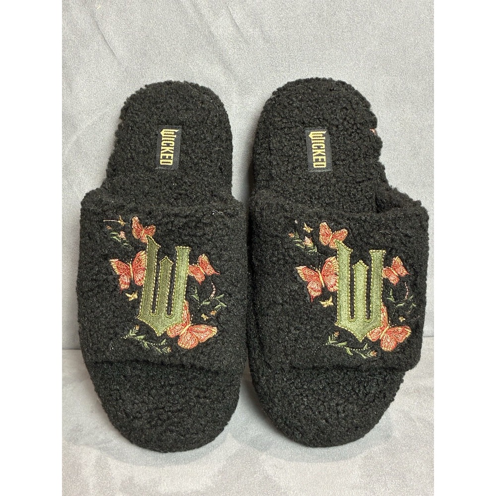 Universal Studios Wicked Slippers Sz M 7/8 Black Plush Embroidered W NWOT